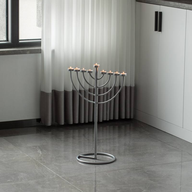 Silver 9 Branch Thin Pipe Hanukkah Menorah, Metal-Aluminum