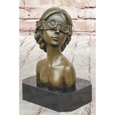 Woman Blindfolded With Flowers - Original Bronze Metal Modern Art Bust Sculpture