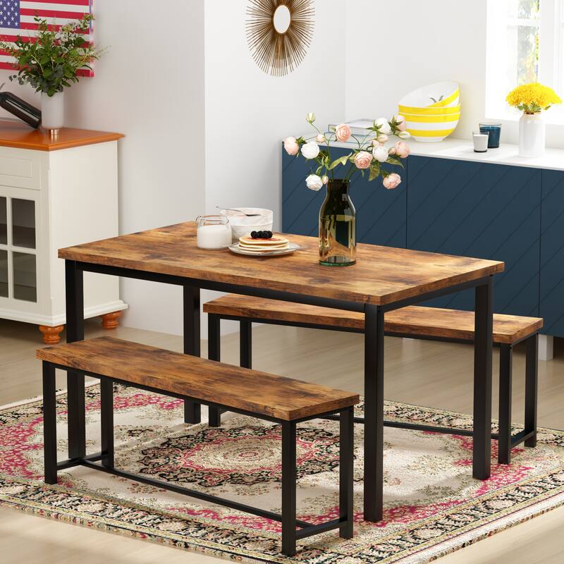 Mieres Vintage Industrial Style 3 Piece Dining Table with 2 Benches Set, Space Saving Kitchen Dining Room Bar Table Set - Rustic Brown