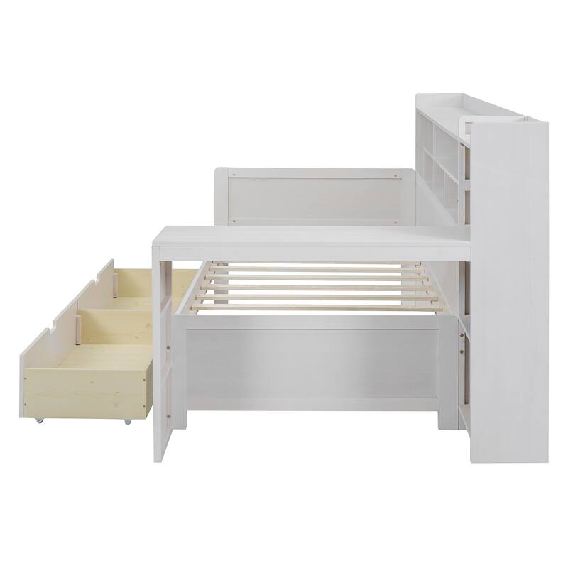 Full Size Wooden Daybed with Storage Drawers and Built-in Study Desk - Multi-functional Bed in Antique White