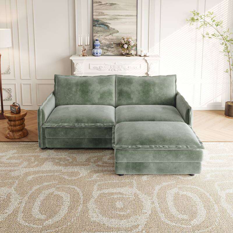 Corduroy Upholstered 2 Seater L Shaped Couch 75" Deep Seat Loveseat Sofa with Ottoman
