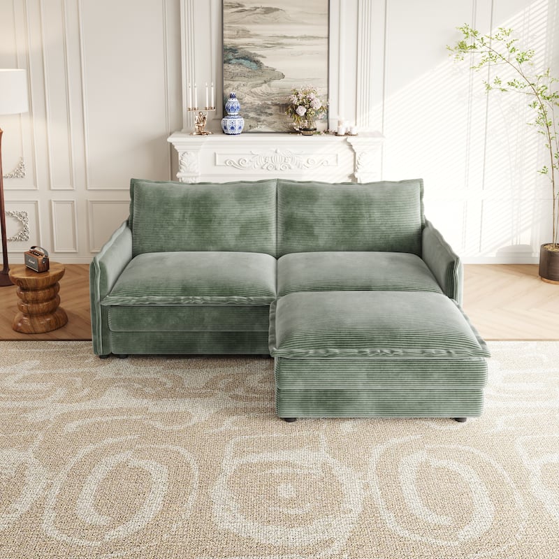Deep Seating L-shaped Sectional Sofa with Chaise Lounge Modular Sofa Corduroy Upholstered Loveseat with Ottoman and Pillows