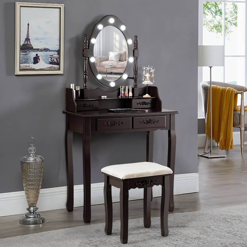 Gymax Makeup Vanity Dressing Table Set w/10 Dimmable Bulbs Cushioned - See Details