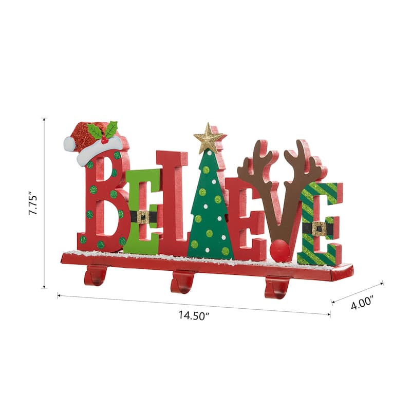 Glitzhome 7.75" H Wooden/Metal BELIEVE Christmas Stocking Holder Mantel Ornament