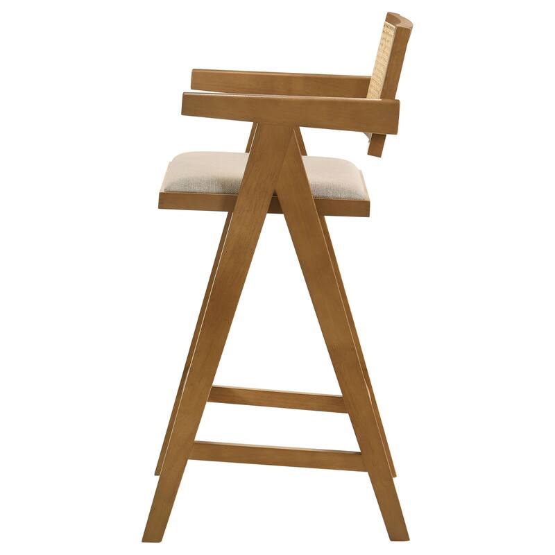Jane Barstool Chair Set of 2, Sand Beige Rattan, Walnut Brown Solid Wood