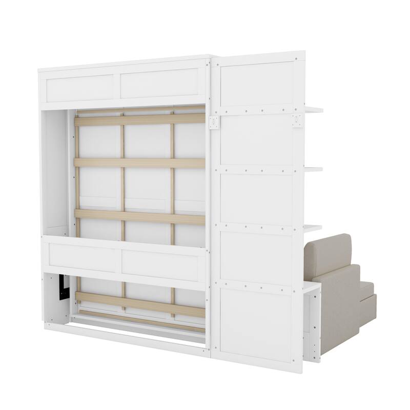 Hidden Wood Wall Cabinet Bed with Sofa, Queen Size Murphy Bed with Couch, Open Side Storage Shelves and Dual-Piston Lift