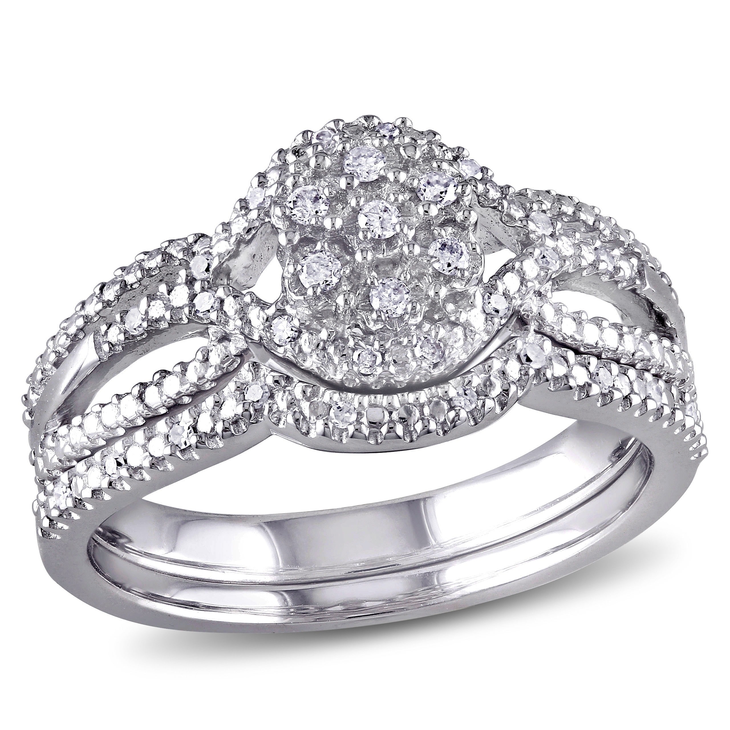 Miadora Sterling Silver 1/7ct TDW Diamond Cluster Split Shank Bridal Ring Set