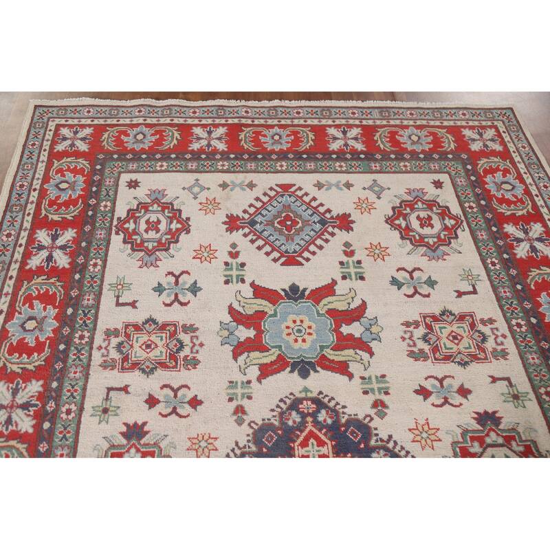 Hand Knotted Oriental 100% Wool Carpet Traditional Geometric Beige & Ivories Kazak Area Rug - 8' 11'' X 5' 11''