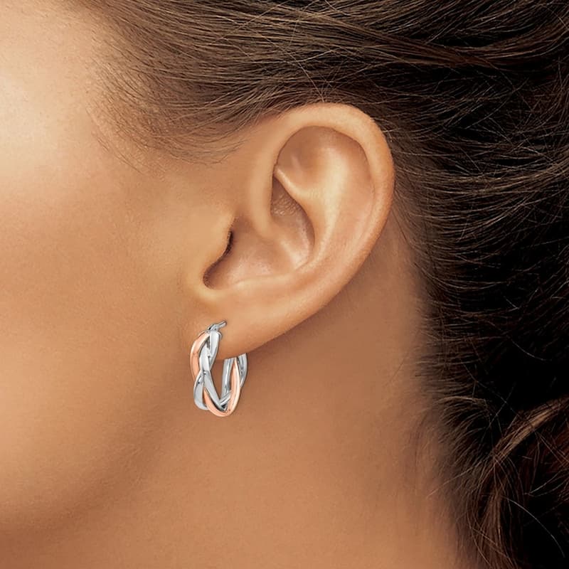 Curata 14k White Gold Rose-gold-plated Intertwining Double Hoop Earrings (15mmx21mm)