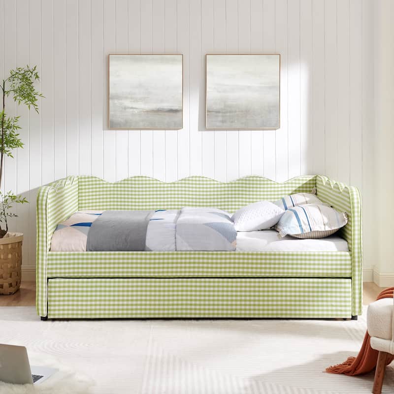 Full Size Gingham Daybed with Twin Trundle, USB Port, Wave Shaped Design & Linen Fabric - No Box Spring Needed