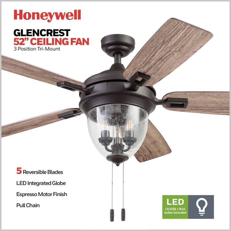 52" Honeywell Glencrest Espresso Indoor/Outdoor LED Ceiling Fan with Light, Pull Chain, ETL Damp Rated