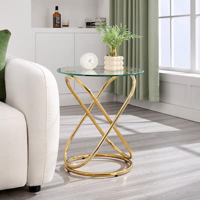 Tempered Glass Round Side/End Table with Metal Legs - 19.7"Dia Top x 21.7"H x 15.6"Dia Base