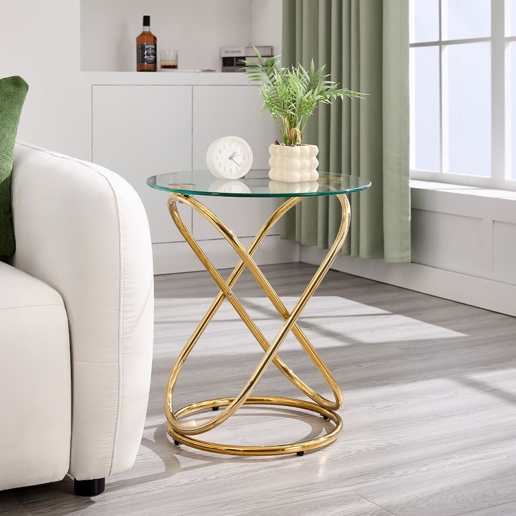 Tempered Glass Round Side/End Table with Metal Legs - 19.7"Dia Top x 21.7"H x 15.6"Dia Base