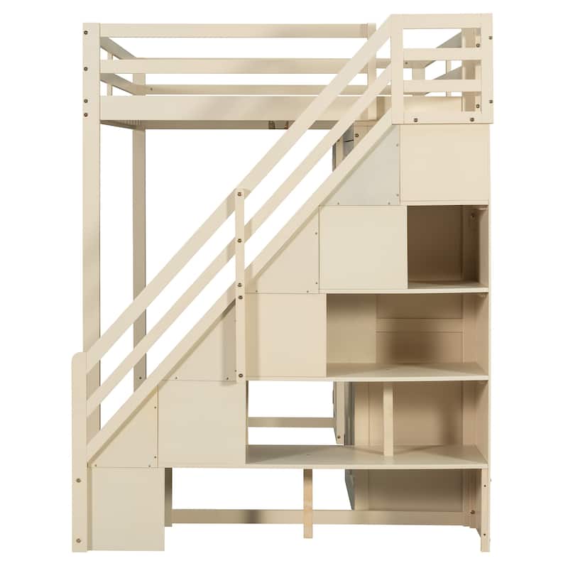 Full Size Loft Bed with Storage Staircase, Built-in Dressing Table, Mirror & Wardrobe - USB Charging & Lights