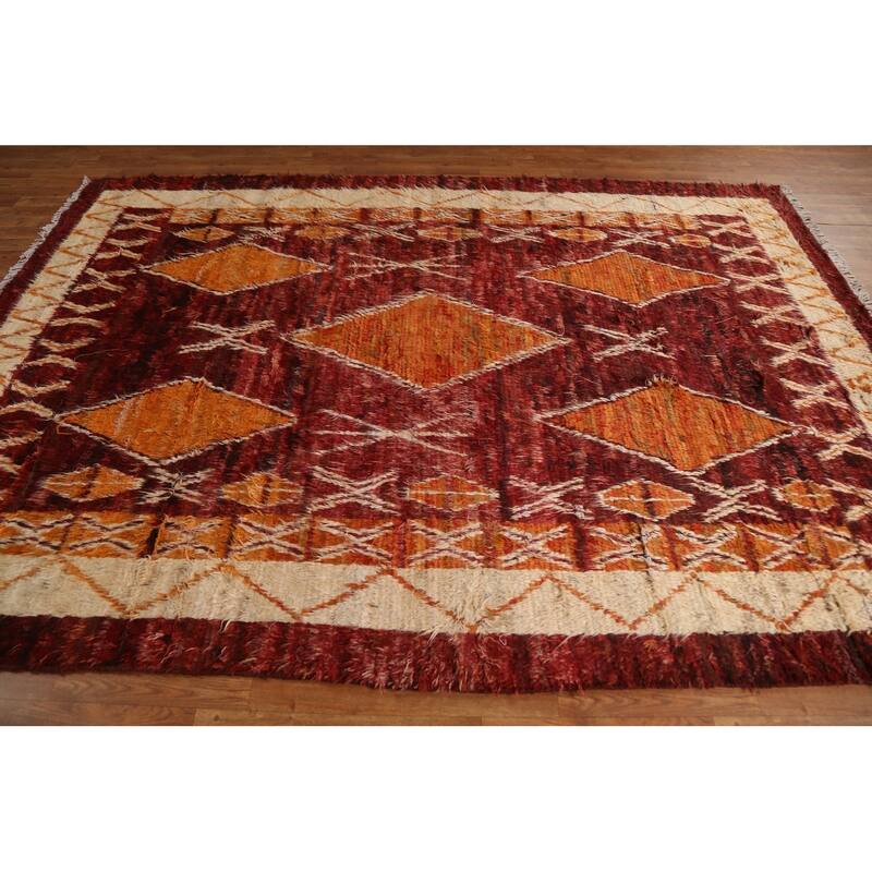 Hand Knotted Oriental 100% Wool Carpet Modern Tribal Red Moroccan Area Rug - 9' 10'' X 6' 10''