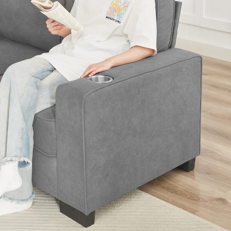 83.86" Modern 3-Seat Snowfleece Sofa - Expandable Couch with Cup Holders for Living Room, Bedroom, Office