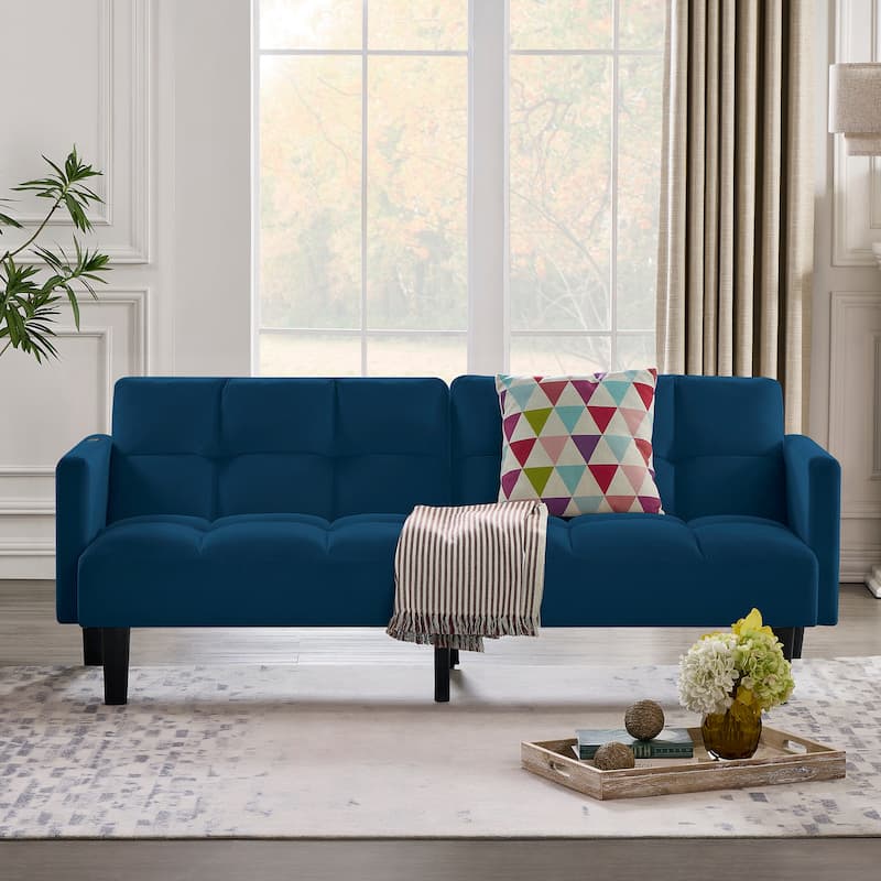 Versatile Adjustable Futon Couch Convertible Velvet Sleeper Sofa Bed with USB, Side Pockets, Chevron Tufting and Tapered Legs - Navy Blue