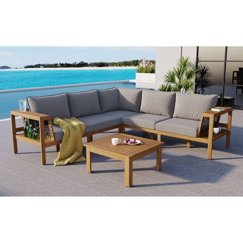 Roomfitters 4-Piece Outdoor Sectional Sofa Set with Coffee Table and Built-in Side Shelves, Wood Frame