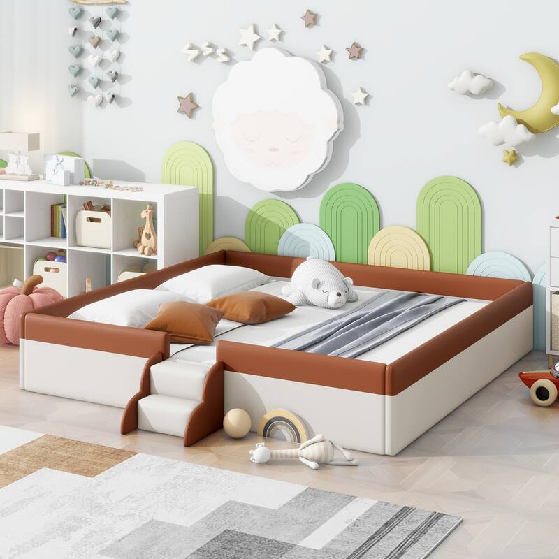 Modern Upholstered Daybed with Fence and Stairs for Kids, Brown+White - King Brown+White