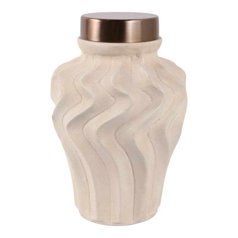 Pottery Jar Wavy Sculpted Tall with Metallic Lid Decorative Accent