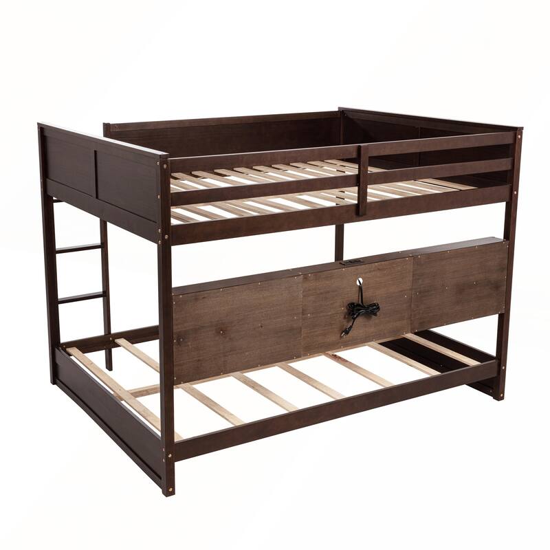 Queen Over Queen Bunk Bed with Built-in Storage Cabinets and Charging Station