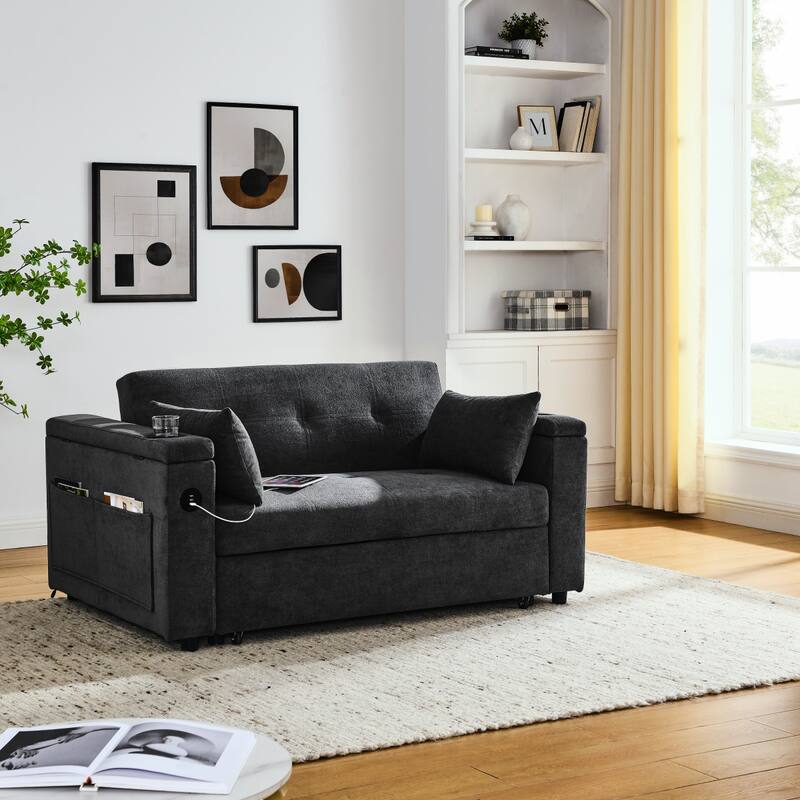 Sleeper Sofa Couch Bed, Pull Out Loveseat with Storage, Convertible Sleeper Sofa w/ Side Pockets, Adjustable Backrest & USB Port