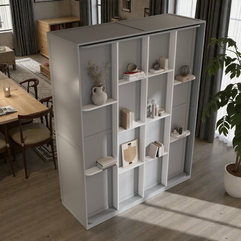 Rotating Queen Murphy Bed with Storage Shelves, 360 Degree Space Saving Wall Bed for Home Office