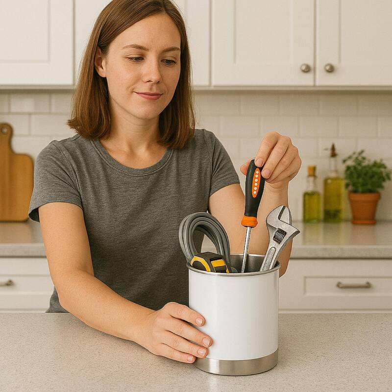 Creative Home Heavy Gauge Stainless Steel Large Tool Crock Utensil Holder Flatware Organizer, White Color