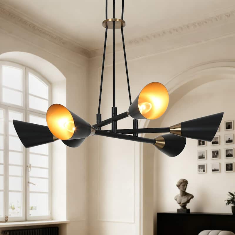 Modern 6-Light Black Gold Metal Chandelier Ceiling Lights for Dining Room - 26" D x 4.5" H
