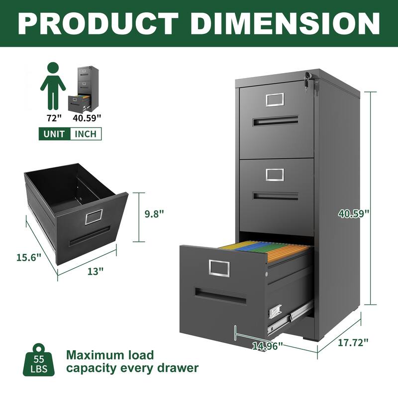 3 Drawer File Cabinet with Lock Metal Vertical File Cabinet Office Home, A4 Legal/Letter Size Narrow File Cabinet Locked
