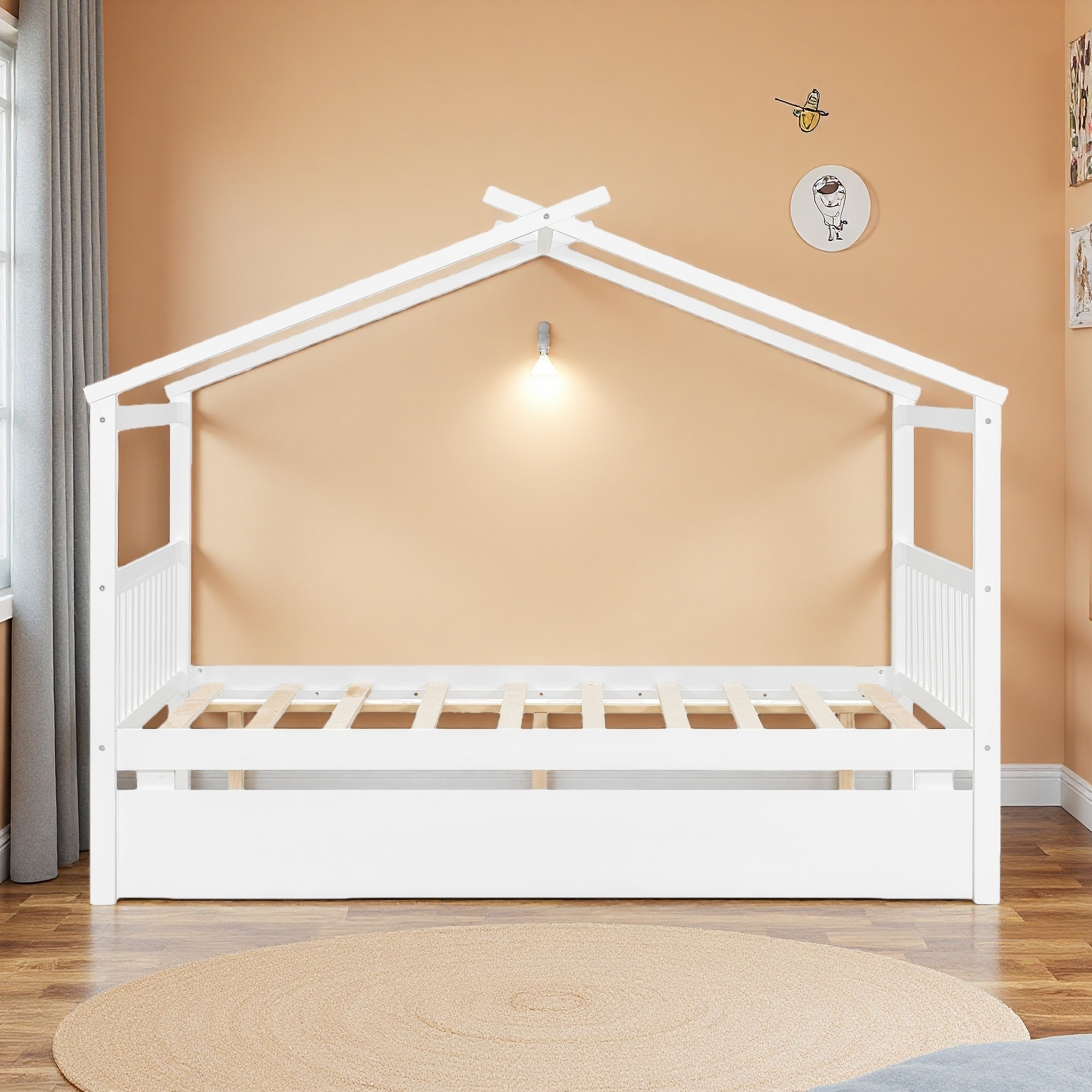Full Size Wood House Bed with Trundle & Roof Design