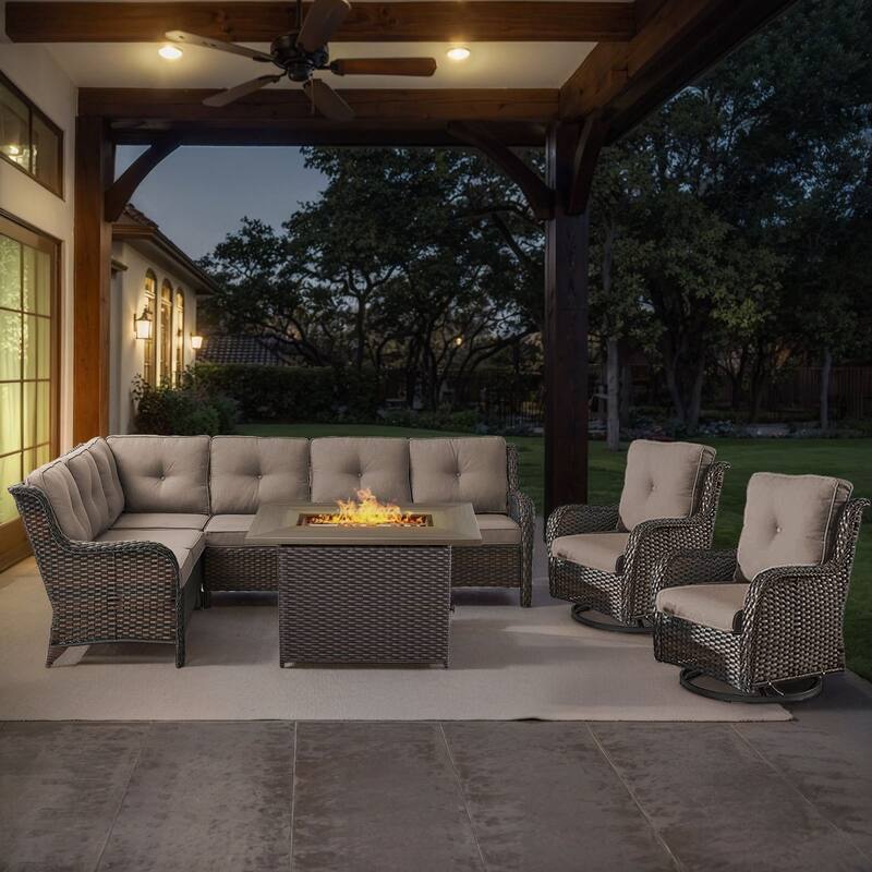 Gymojoy 4-Piece Outdoor Wicker Patio Furniture with Fire Pit and L-shaped Sectional Sofa, Coversation Set with Thick Cushions