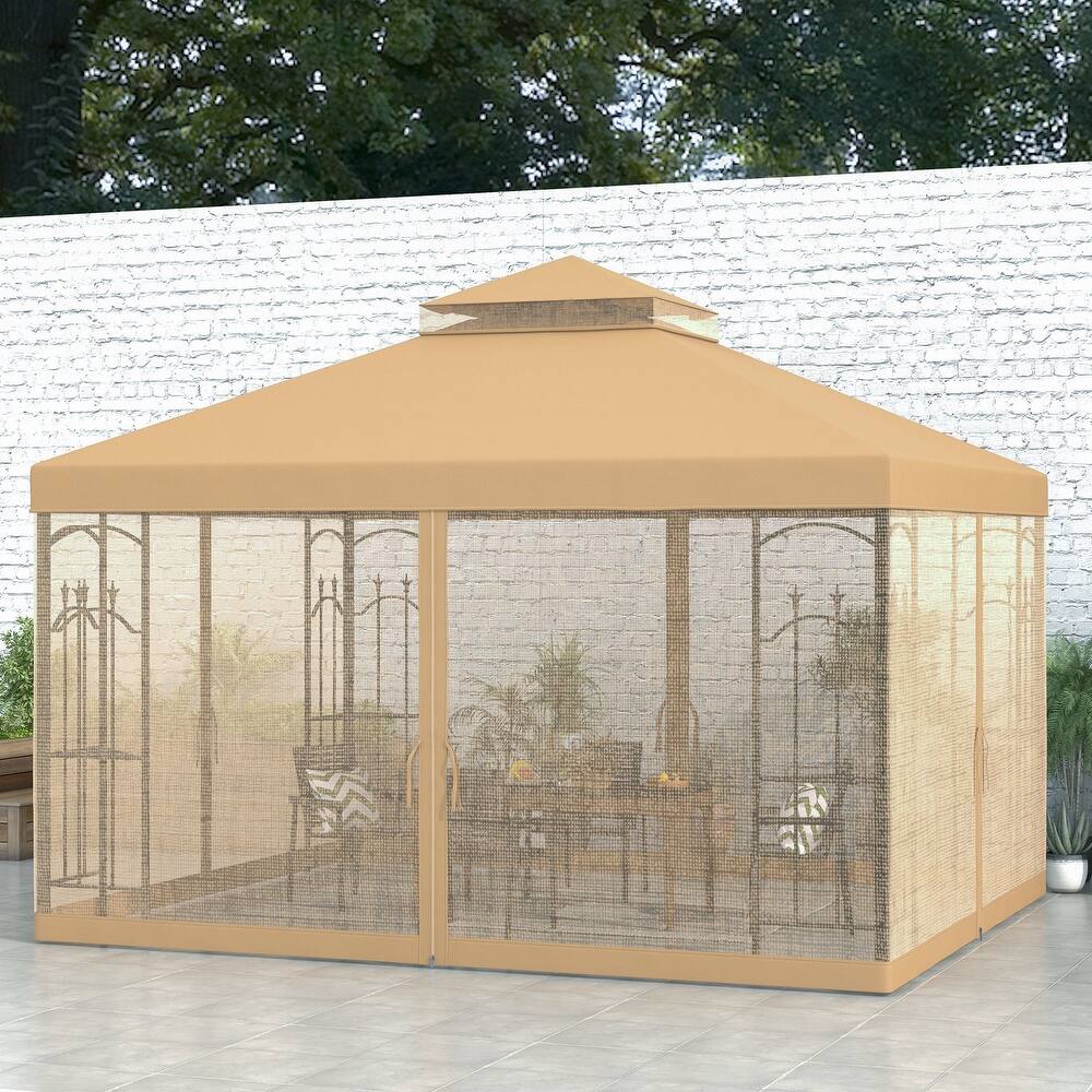 Outsunny 10' x 12' Patio Gazebo with Corner Frame Shelves, Double Roof Outdoor Gazebo Canopy Shelter with Netting