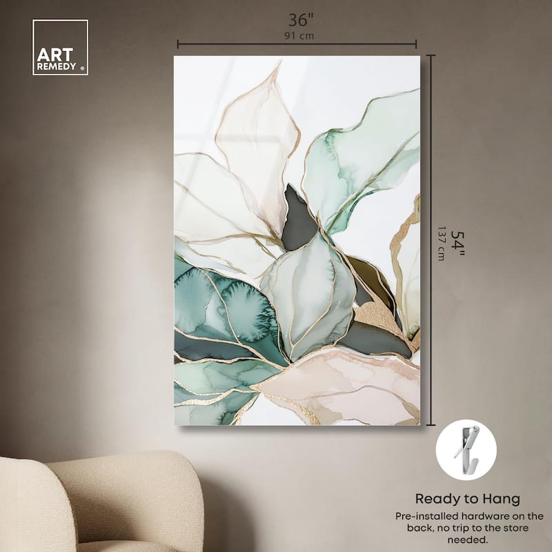 Pastel Leaves with Gold III Acrylic by Art Remedy, Ready to Hang