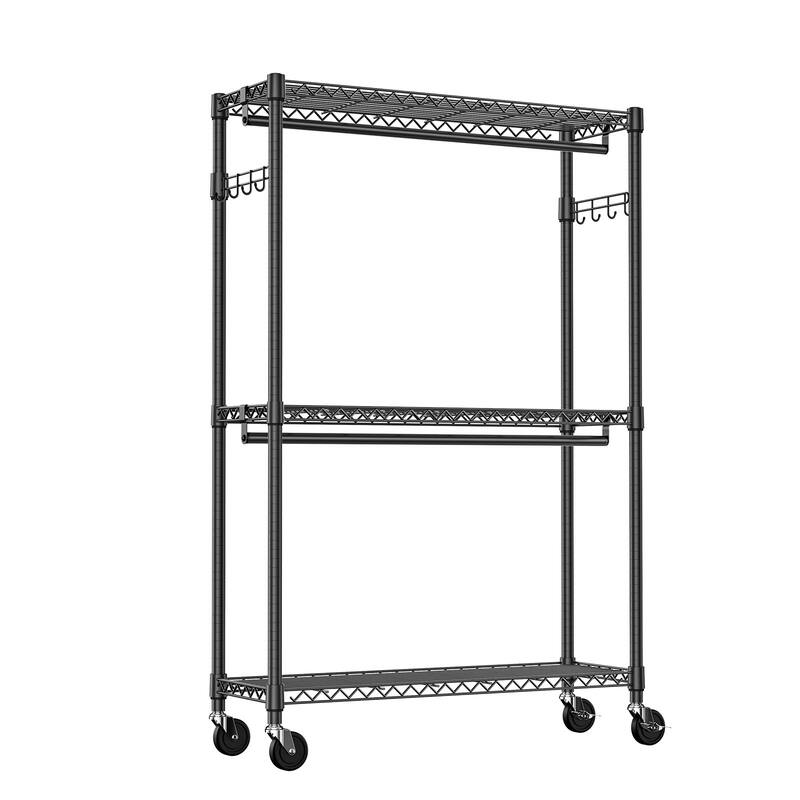 Heavy Duty Rolling Garment Rack 3 Tiers Adjustable Wire Shelving Clothes Rack with 2 Rods and Side Hooks