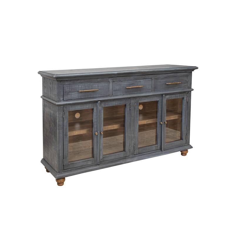 71 Inch Sideboard Console Table, 3 Drawers, 4 Glass Doors, Pine Wood, Blue