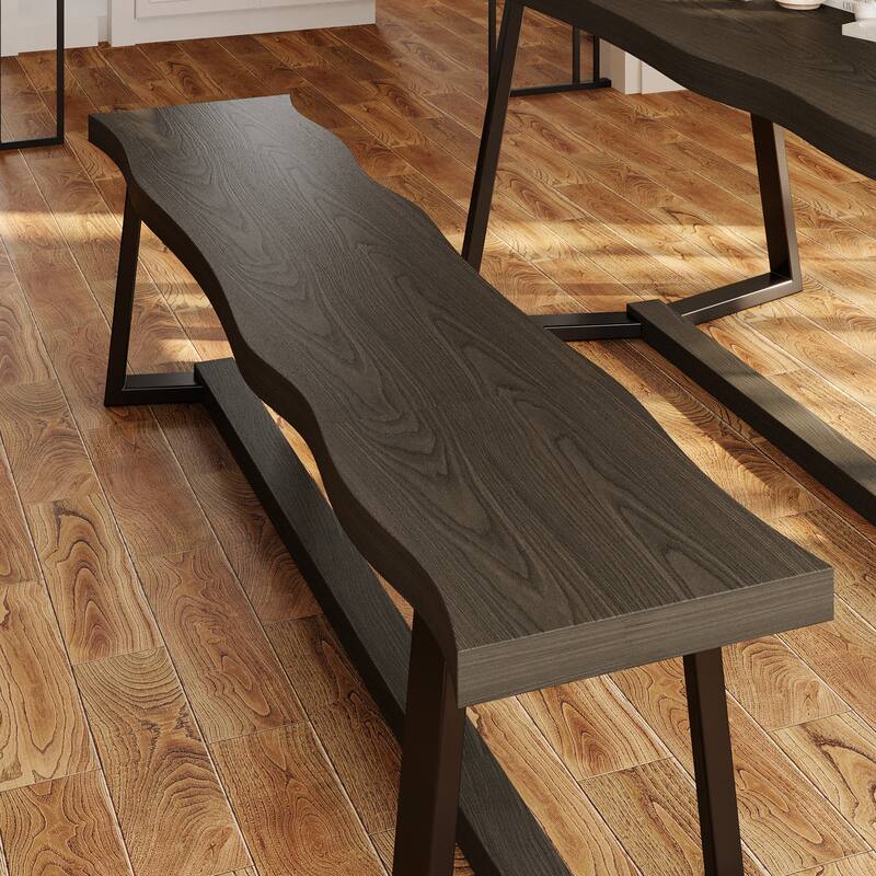 Rustic Elm Wood Dining Table Set with Black Bench – Modern Farmhouse Kitchen Table