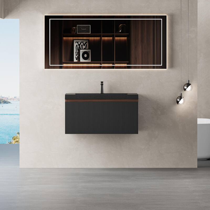 30'' Floating Bathroom Vanity with Sink Combo, Modern Wall-Mounted Striped Bathroom Storage Cabinet with Soft-Close Drawers - Walnut+black