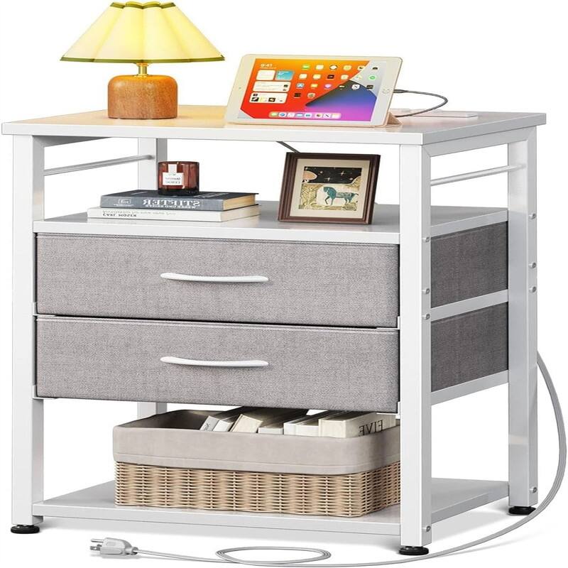 Night Stand with Charging Station - White and Light Grey