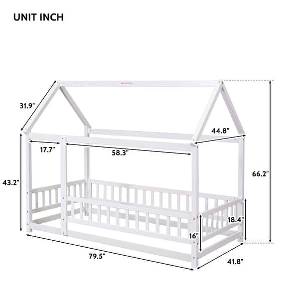 dimension image slide 3 of 4, Floor Wooden Bed with House Roof and Fence Guardrails for Kids' Bedroom