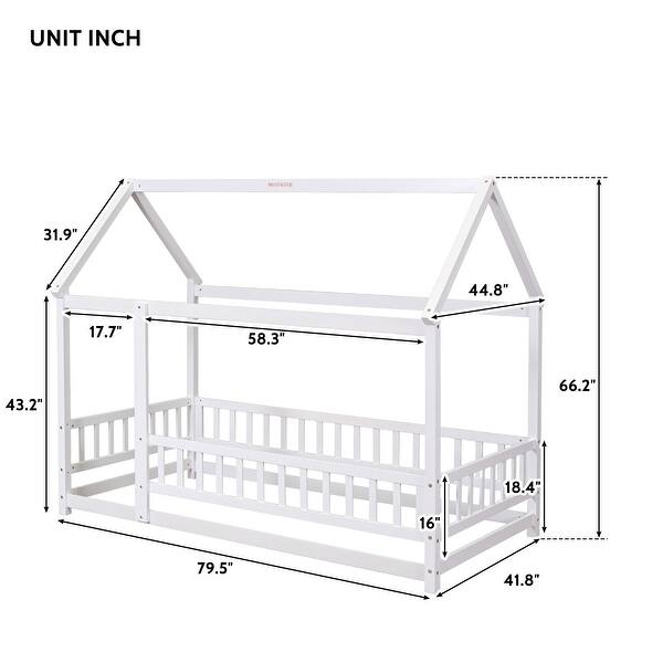 Twin Pine Wood House-Shaped Floor Bed with Fence & Guardrails, White