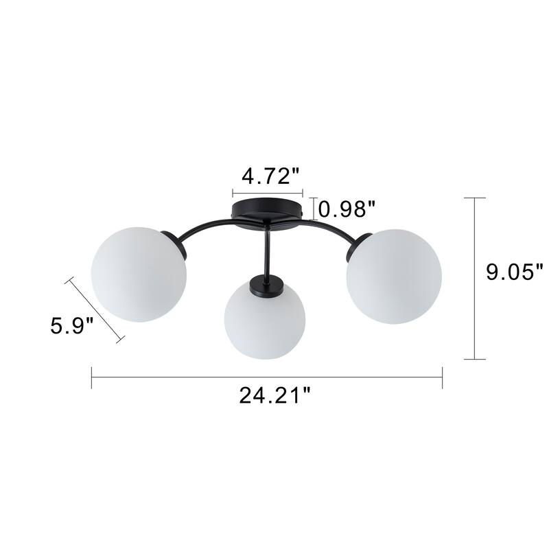 6-Light Brass Semi-Flush Mount Ceiling Light with Opal Glass Shades - 24.2-in W x 9.05-in H