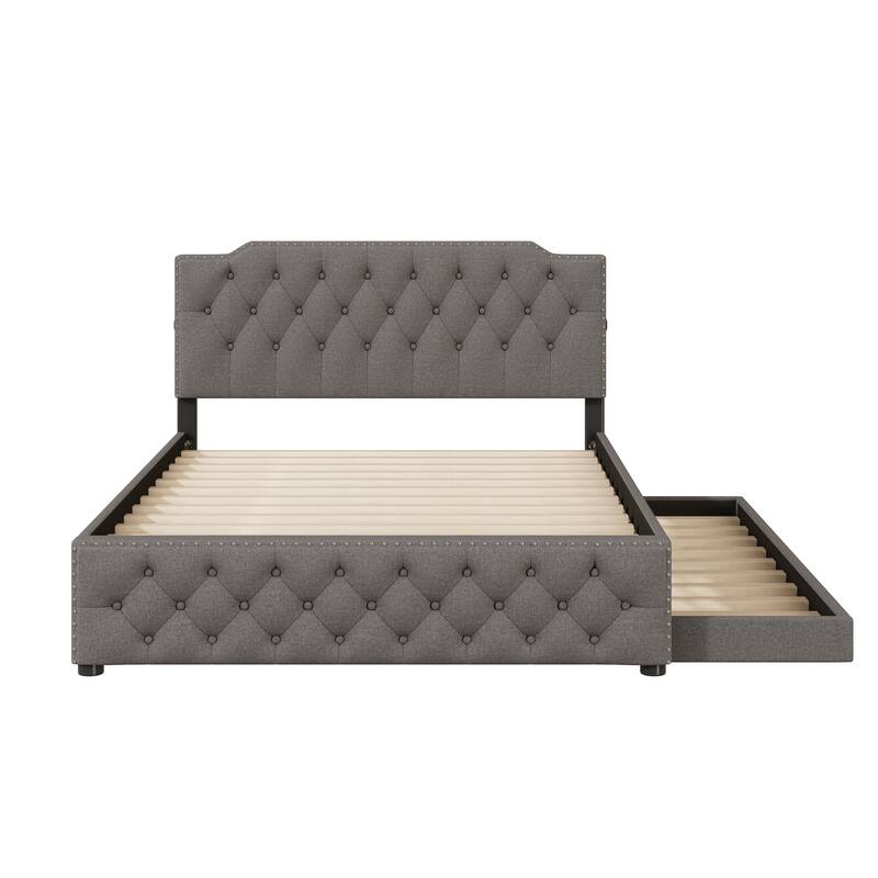 Linen Upholstered Platform Bed Button-Tufted Headboard Wood Panel Bed Frame with 2 Drawers or Trundle Bed, USB on Both Sides