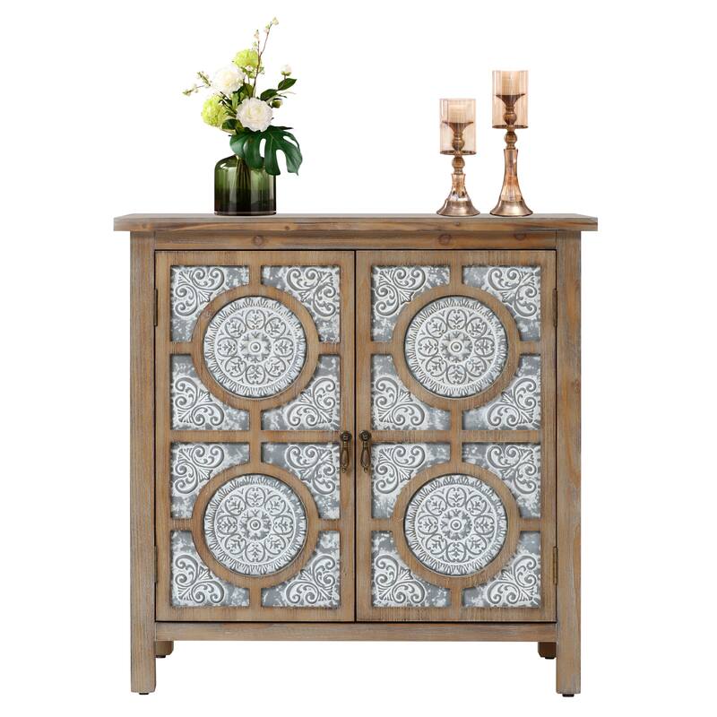 Floral Lattice Metal 2-Door Farmhouse Pine Wood Storage Cabinet - 31.9" H x 31.5" W x 15.7" D