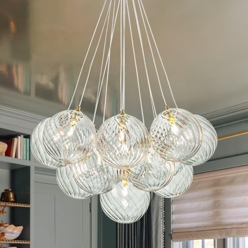 13/ 19-Light Modern Glam Gold Sputnik Cluster Swirled Glass Globe Bubble Chandelier for Dining Room - 13-Light - Clear Twisted Glass