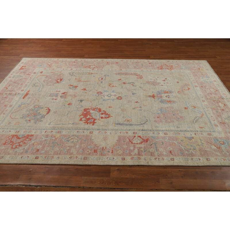 Vegetable Dye Oushak Turkish Area Rug Floral Handmade Wool Carpet - 6'1"x 8'10"