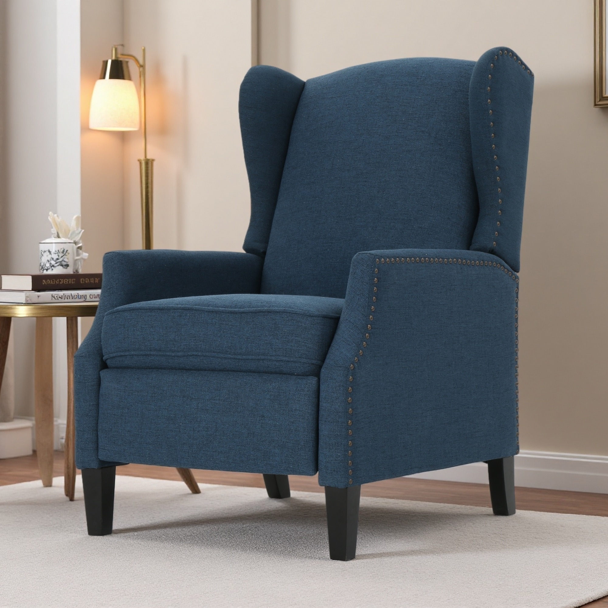 Fabric Wingback Push-Back Recliner Chair with Nailhead Trim & Birch Legs
