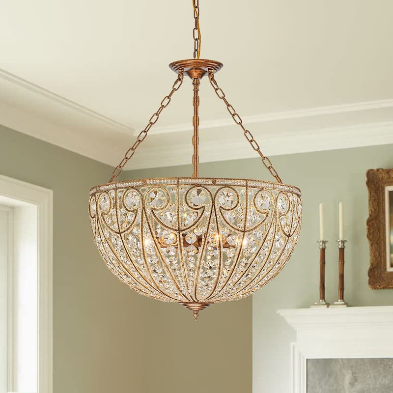 Spanish Antique Gold Bronze Crystal Accented Basket Cage Chandelier - 23.6 in