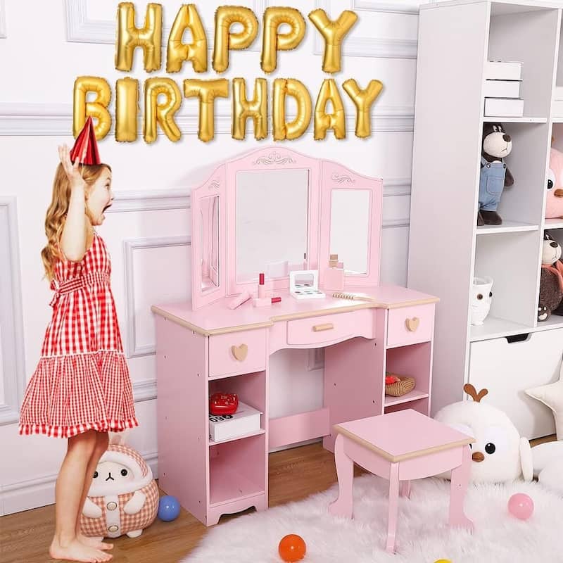 Kids Princess Luxury Vanity Dressing Table and Stool Set for Girls Best Gift, Pink
