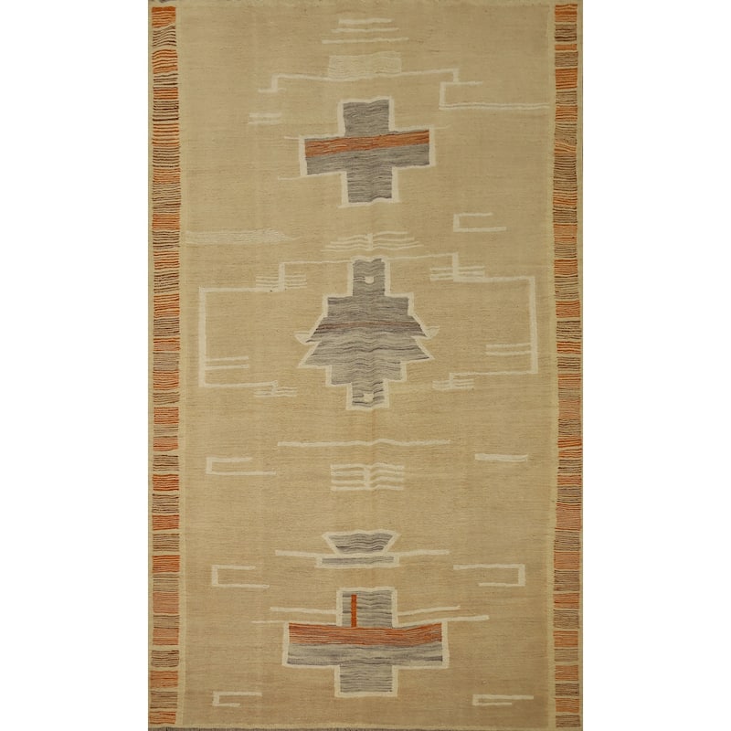Hand Woven Oriental 100% Wool Carpet Southwestern Tribal Beige & Ivories Kilim Area Rug - 8' 10'' X 5' 8''